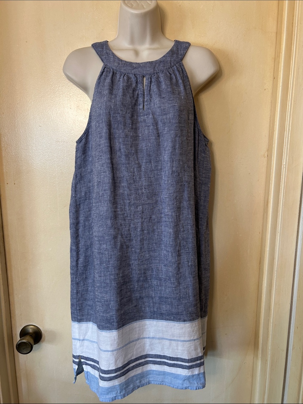 Artisan Ny Navy Chambray Linen Mini Dress with Striped Hem size S